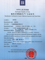 The Peoples Republic of China Manufacture Certificate for Ceramic Tableware Exported to the United States